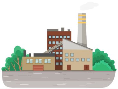 Doğada ağaçlarla çevrili sanayi bitkisi. Bacalı ve endüstriyel binalı bir fabrika.