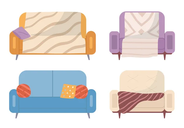 Συλλογή εικονογραφήσεων με θέμα τα έπιπλα αναψυχής. Καναπές με πολύχρωμα μαξιλάρια διανυσματική απεικόνιση — Διανυσματικό Αρχείο
