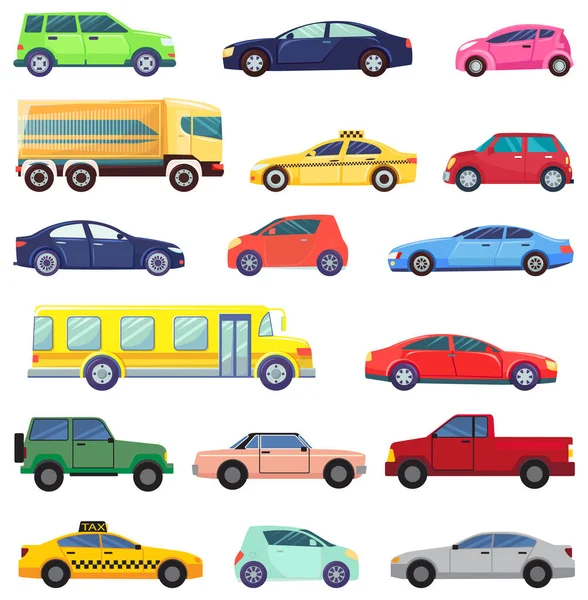 Transport Set, Bus and Taxi Automobile Vehicles — Stock Vector