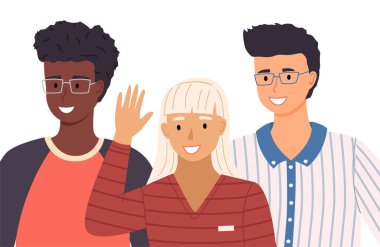 Beyaz arka planda farklı milletlerden bir grup genç. Gülümseyen adam ve kadın portresi