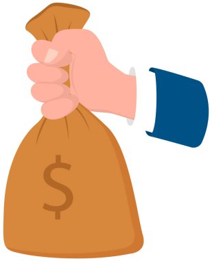 Elinde büyük bir çanta dolusu para vektör illüstrasyonu var. Beyaz arkaplanda dolarlarla izole edilmiş konteyner