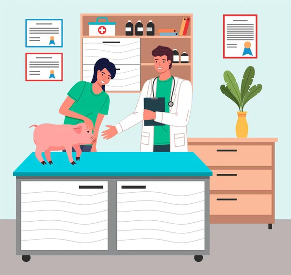 Fille avec porcelet à la réception chez le vétérinaire. Pet sur la table vétérinaire. Le vétérinaire examine le porc — Image vectorielle