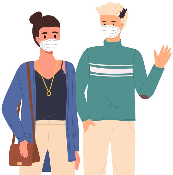 Uomo e donna indossano maschere mediche. Coppia in auto-isolamento durante la quarantena a causa di covid-19 — Vettoriale Stock