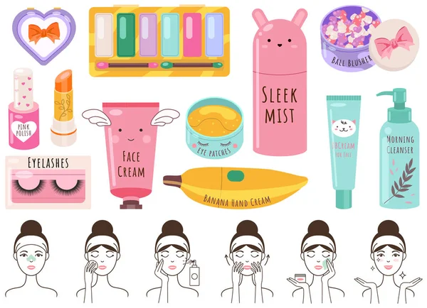 Conjunto de belleza vectorial. Maquillaje herramientas de cosméticos y cosméticos coreanos. Colección de productos de belleza — Vector de stock