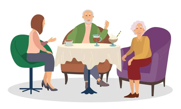 Familie diner thuis vector illustratie. Familie die koffie drinken en een ijsje eten — Stockvector