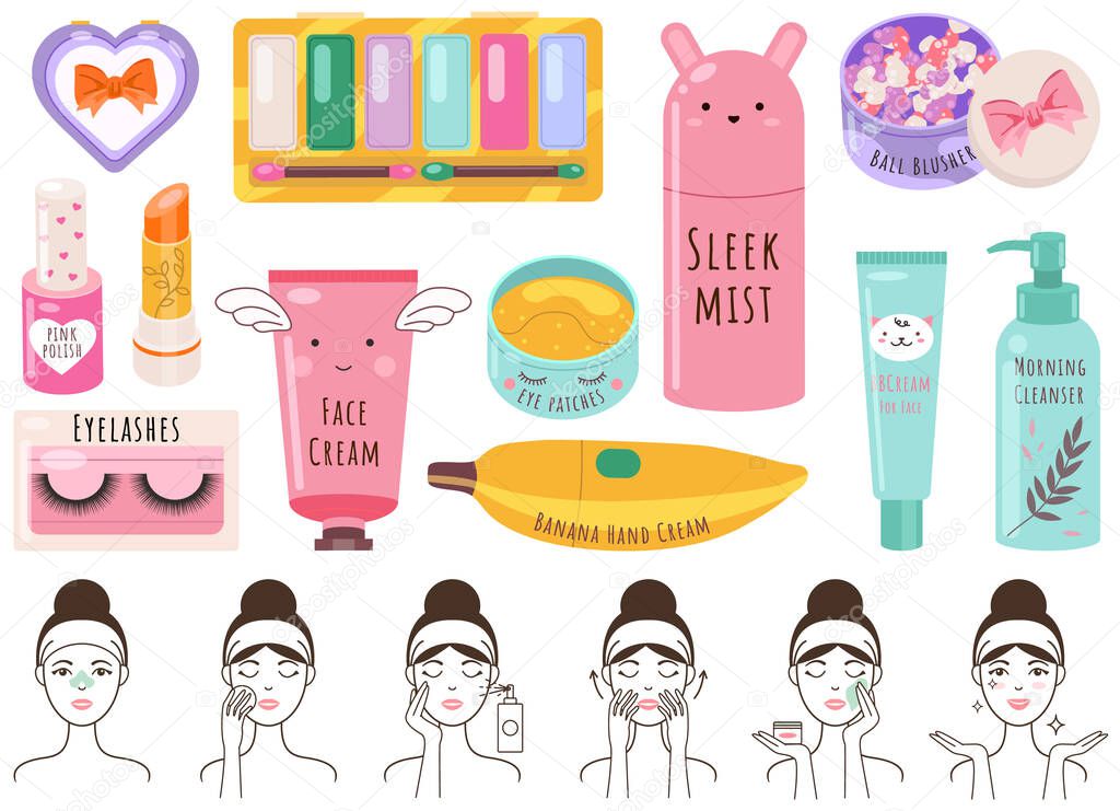 Vector beauty set. Makeup cosmetics tools and Korean cosmetics. Beauty products collection