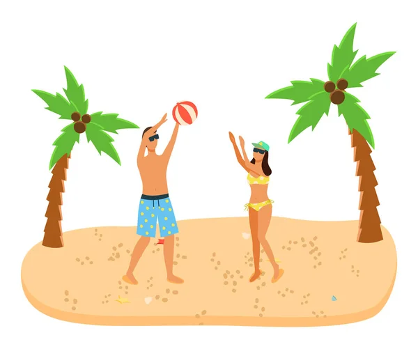 Семейный активный отдых счастливая пара веселый мужчина и женщина во время игры в мяч на пляже — стоковый вектор