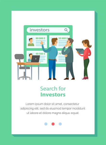 Zoek naar investeerders verticale website vector. Business team ontwikkelt oplossingen voor investeringen — Stockvector