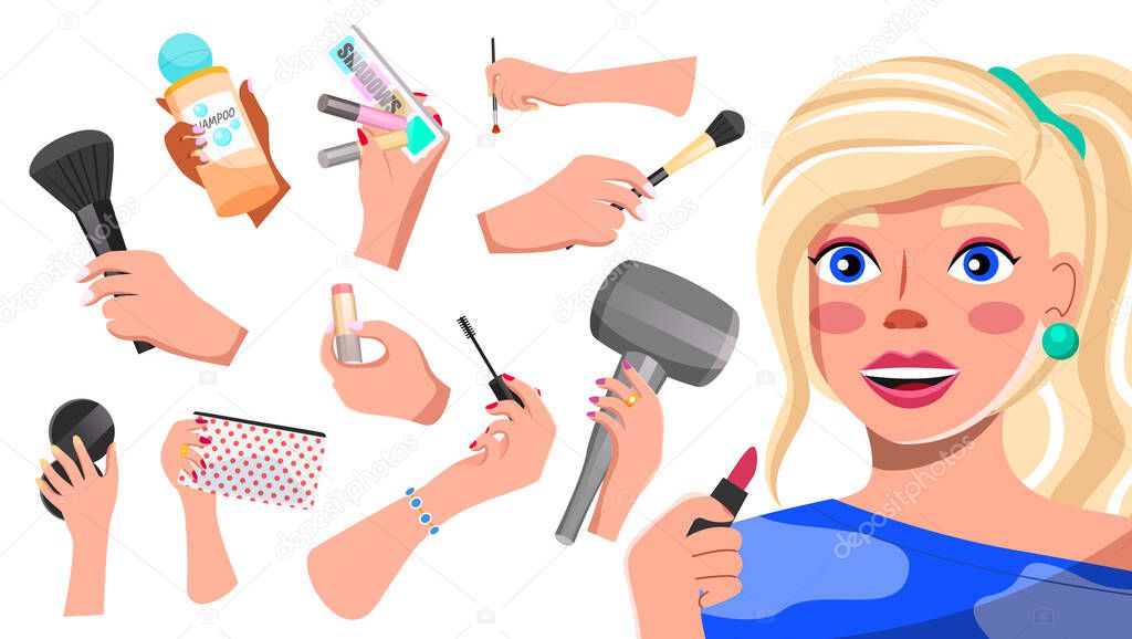 Beautiful woman with lipstick, female hand holding brush, cosmetics equipment, tools, instruments