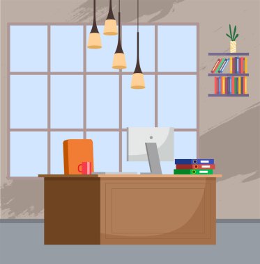 Yönetmenlerin iş yeri tasarımı. Büyük pencereli, masaüstü, bilgisayar ve modern lambalı yaratıcı ofis