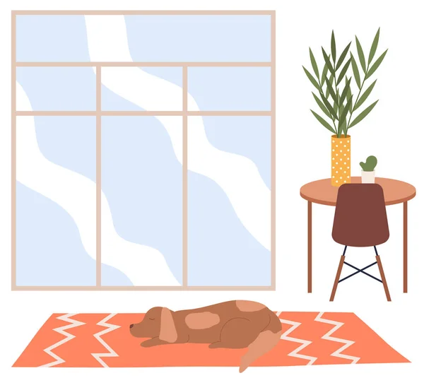 Векторний мультяшний фон вітальні з вікном і коричневий собака лежить на килимі — стоковий вектор