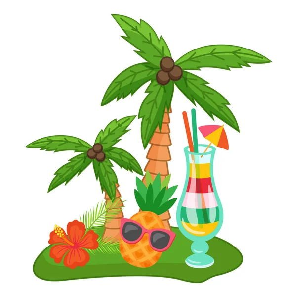 Ilha verde tropical, coquetel exótico sob palmeiras, abacaxi engraçado fresco em óculos de sol —  Vetores de Stock