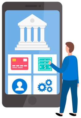 İşadamı online bankacılık için program kullanıyor. Adam para transferi için düğmeye basar