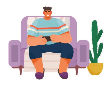 Ev konsepti hobisi. Konsolda video oyunu oynayan adam. Beyaz arkaplanda izole edilmiş adam