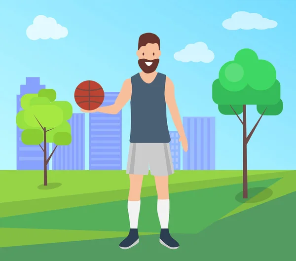 Jeux de sport concept extérieur. Jeune homme athlétique jouant au basket dans un parc urbain journée ensoleillée — Image vectorielle