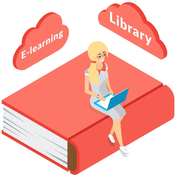 Online könyvtár koncepció. Könyvek a laptopodon. Fiatal lány szeret olvasni ül a nagy piros könyv — Stock Vector