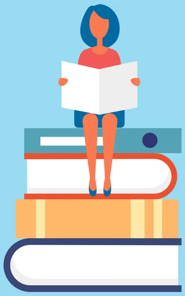 Menina sentada em pilha de livros com livro aberto em suas mãos. Estudo à distância e auto-educação —  Vetores de Stock