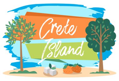 Crete Adası davetiye kartı çizimi. Ağaçlı ve meyveli Yunanistan topraklarının manzarası