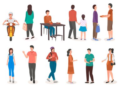 Çeşitli yaşam tarzları olan insanlar, iş adamları, gençler, gezginler. Düz dizayn tarzına sahip karakter