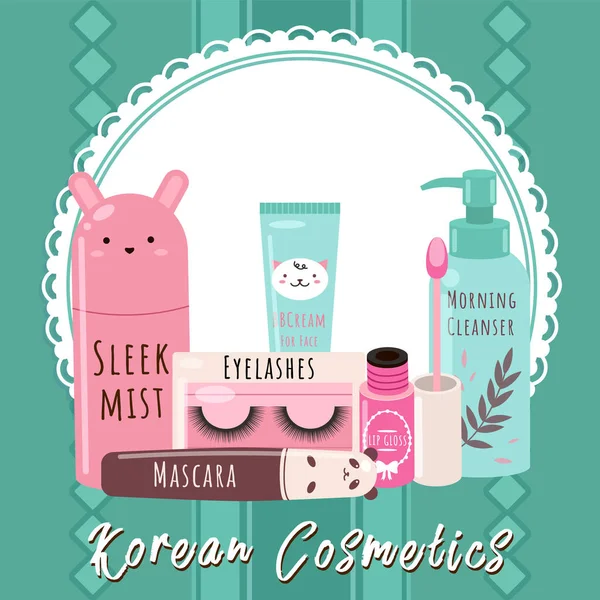 Koreaanse cosmetica huidverzorging en beauty banner. Vector illustratie met cosmetische accessoires — Stockvector