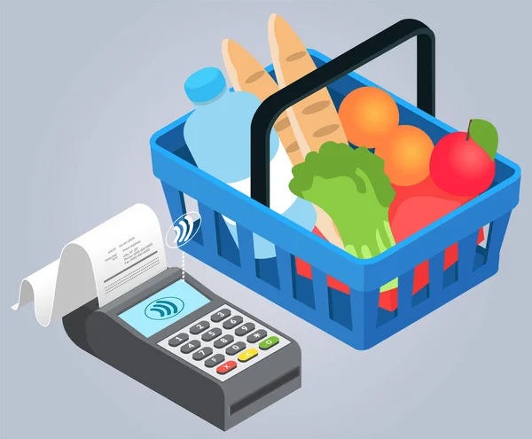 Terminale POS e assegno con shopping bag pieni di generi alimentari, attrezzature da supermercato, acquisti — Vettoriale Stock