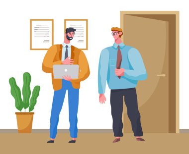 Ofiste görüşmeler, iş yerinde iki gülümseyen adam, ara sırasında konuşmalar.