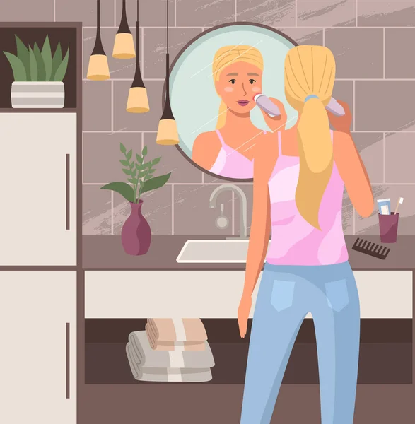 La mujer usa equipo para limpiar y lavarse la cara. Chica haciendo la rutina de la mañana en el baño — Vector de stock