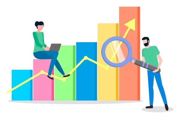 Uomo e donna vicino passo crescente grafico. Statistiche sulle imprese dell'informazione e indicatore digitale — Vettoriale Stock