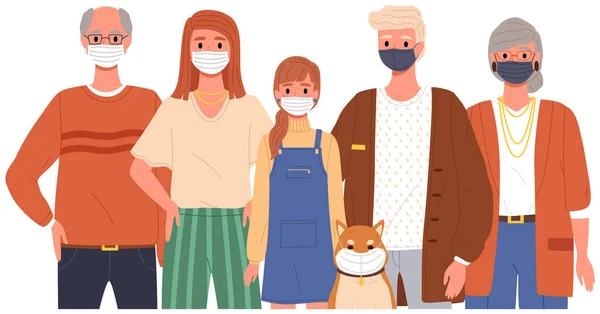 Οι οικογενειακοί χαρακτήρες φοράνε ιατρικές μάσκες. Ιός του Coronavirus κατά τη διάρκεια της πανδημικής απεικόνισης φορέα — Διανυσματικό Αρχείο