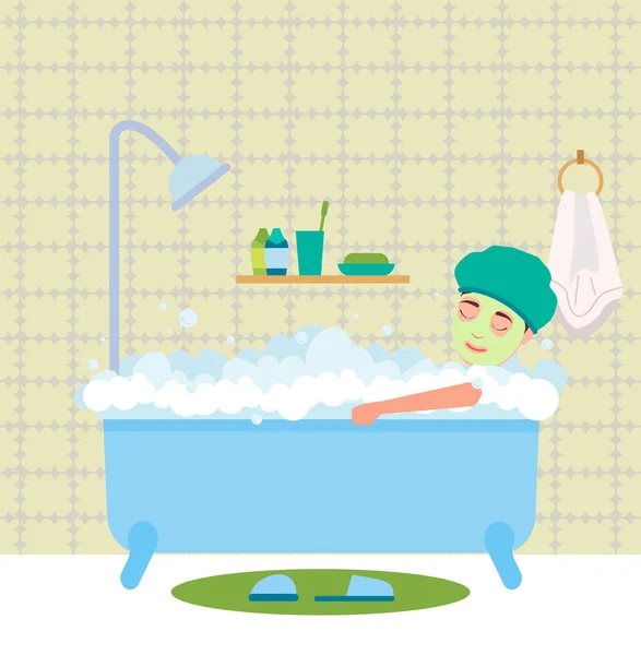 Homem a tomar banho. Cara sentado na banheira com espuma e a máscara em seu rosto ilustração vetorial — Vetor de Stock