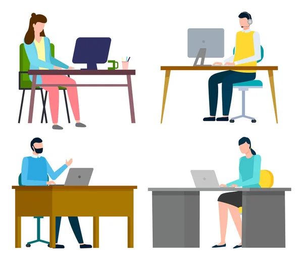 Personas, mujeres y hombres sentados a la mesa y usando computadoras portátiles o computadoras, conjunto de ilustraciones planas — Vector de stock