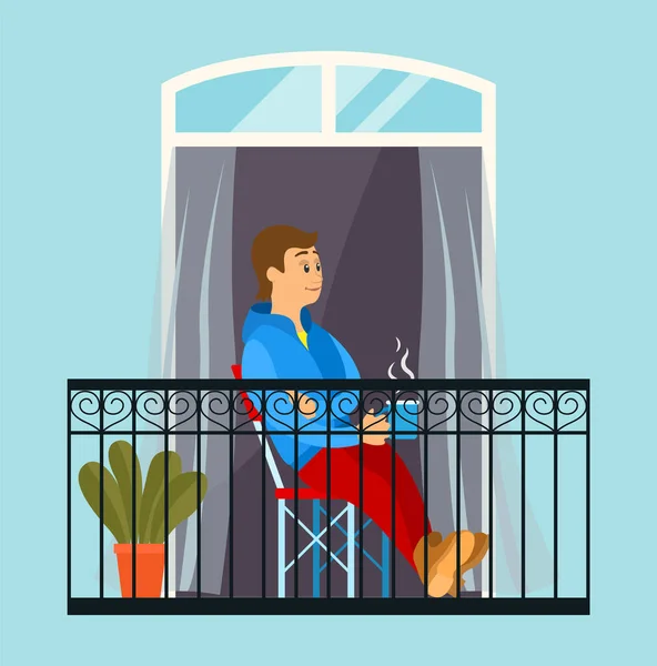 A karanténban lévő férfi kiment az erkélyre, hogy megigya a reggeli kávéját egy kényelmes székben ülve. — Stock Vector