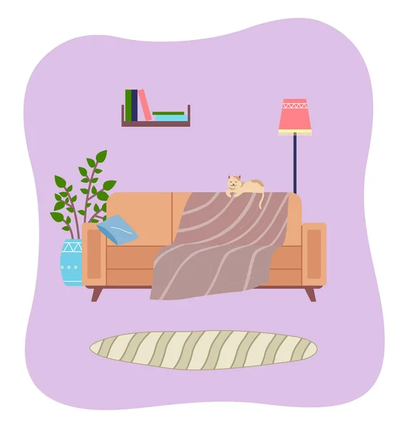Sala de estar diseño de interiores ilustración vector plano. El gato se encuentra en la parte posterior del sofá — Archivo Imágenes Vectoriales
