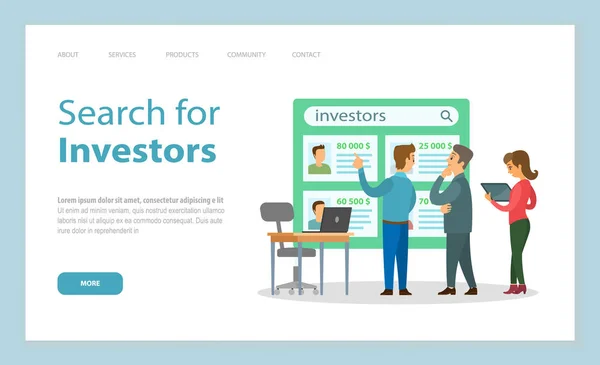 Landing page of website, search for investors, people searching investors for project or startup — Stock Vector