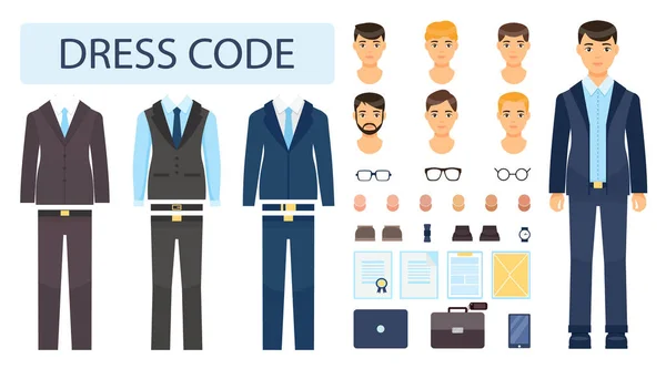 Conjunto de elementos homem de negócios, dresscode, ternos, óculos, tipos de personagem, smartphone, cara de homem —  Vetores de Stock