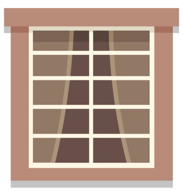 Kahverengi duvar düz vektör illüstrasyonunda perdeleri olan saydam çift katlı plastik pencere