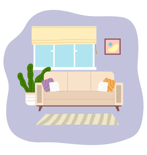 客厅室内设计平面矢量插图.靠窗的舒适的沙发 — 图库矢量图片