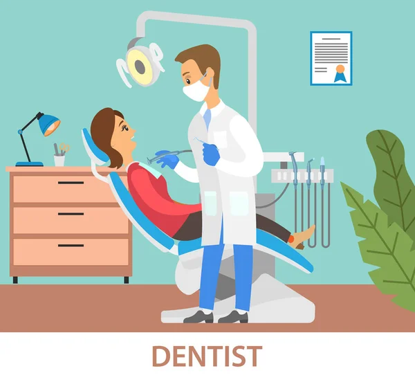 Дантист с оборудованием для исследования зубов. Пациентка лежит на стоматологическом стуле в медицинской клинике — стоковый вектор