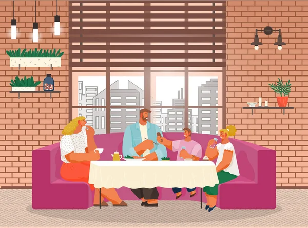Οικογένεια έχουν το μεσημεριανό γεύμα σε εστιατόριο ή καφέ, οι άνθρωποι τρώνε νόστιμο φαγητό, ελεύθερος χρόνος σε δημόσιο χώρο — Διανυσματικό Αρχείο