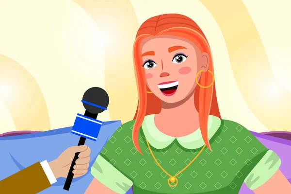 Kızıl saçlı kadınla basın toplantısı. Mikrofonlu bir gazeteci süperstar bir kızla röportaj yapıyor. — Stok Vektör