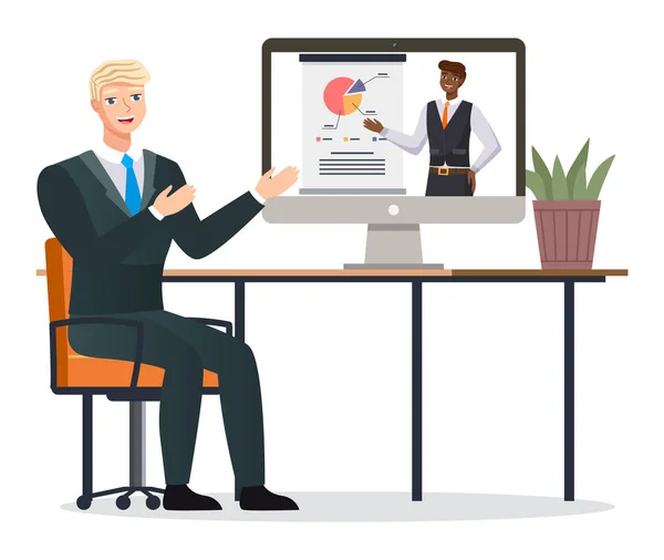 Businessman talking to partner via video call, online conference. A man at a table with computer — Stock Vector