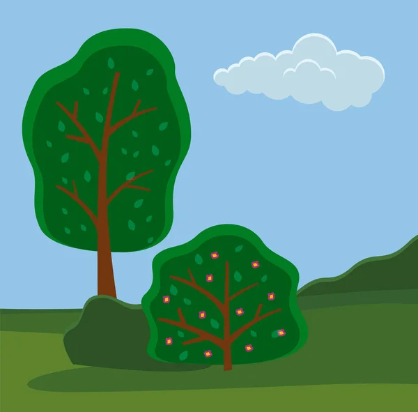 Groene bomen op weide achtergrond. Groen zomerlandschap. Cartoon platte vector beeld voor games, web — Stockvector