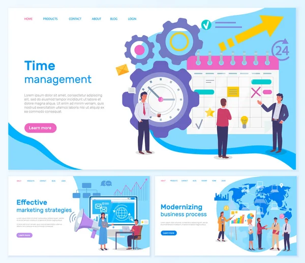 Strategische Planung und Zeitmanagement Geschäftskonzept Webseite eingestellt. Moderne Planungsinnovationen — Stockvektor