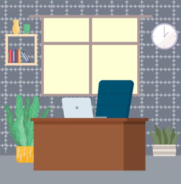 Modern işyeri düz tasarımı. Ofis koltuğu ve ofis masası. İçi rahat oda kitaplarıyla dolu.