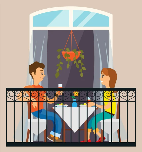 Verliebte bei einem Date in einem Restaurant. Paar feiert den gemeinsamen Urlaub zu Hause auf dem Balkon — Stockvektor