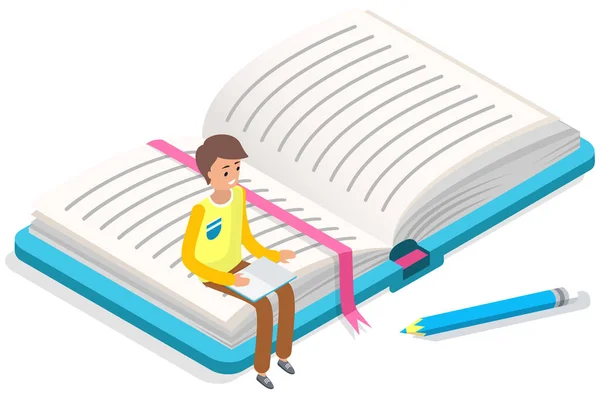 Hombre sentado en el cuaderno abierto con libro de ejercicios. Educación a distancia o educación en línea, conocimiento — Vector de stock