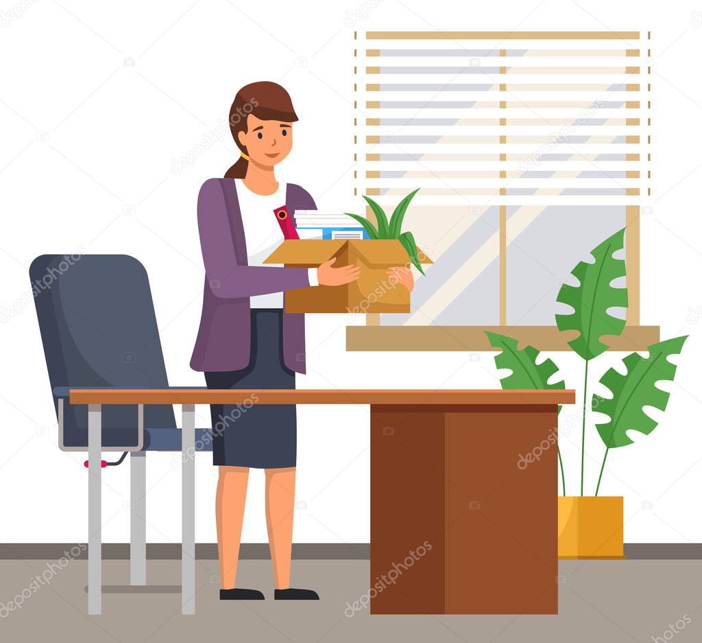 Happy successful young business woman holds a box with her things and going into new office