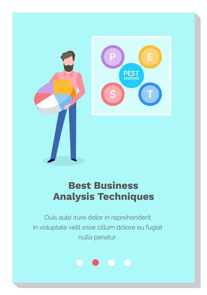Människan studerar de bästa affärsanalysteknikerna. Killen håller ett cirkeldiagram med statistik — Stock vektor
