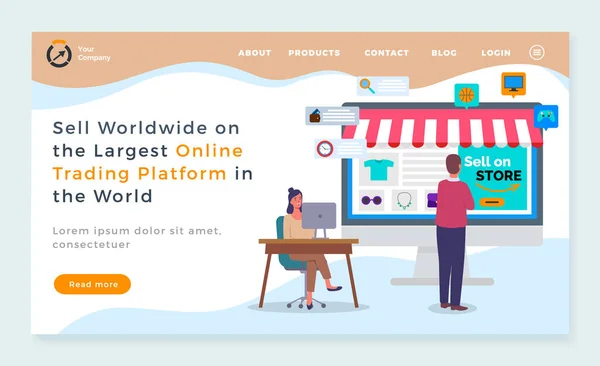 Page d'accueil du site, vendre dans le monde entier sur la plus grande plate-forme de trading en ligne dans le monde, boutique en ligne — Image vectorielle