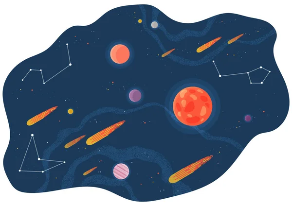 Sistema solar de planetas, ilustração vetorial com grandes e pequenos corpos celestes voando no espaço — Vetor de Stock